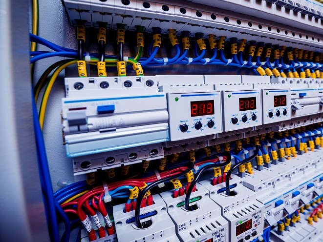 Voltage switchboard with circuit breakers. Electrical background