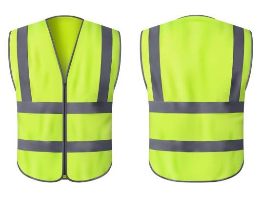 Safety vest jacket, isolated security, traffic and worker uniform wear. Vector fluorescent green waistcoat realistic 3d mockup with reflective stripes and zip, personal protective clothing
